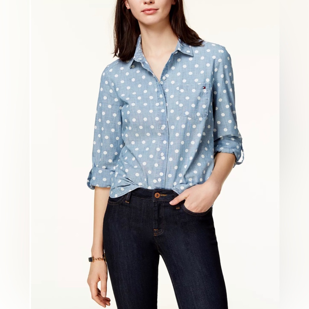 Tommy Hilfiger Chambray Blue Polka Dot Roll-Tab Utility Shirt